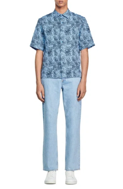 Sandro Sea Urchin Short Sleeve Lyocell & Linen Button-up Shirt In Blue