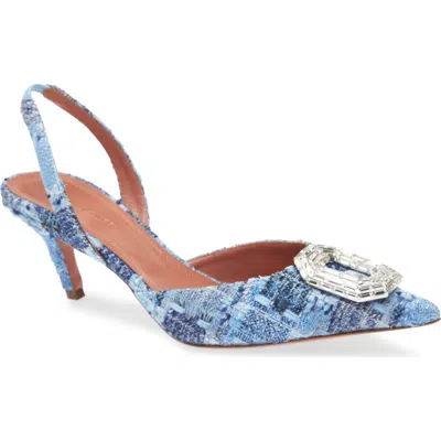 Amina Muaddi Camelia Crystal Buckle Pointed Toe Slingback Pump In Tweed Blue White Buckle