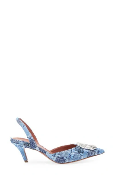 Amina Muaddi Camelia Crystal Buckle Pointed Toe Slingback Pump In Tweed Blue White Buckle