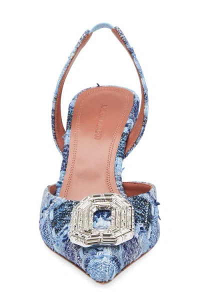 Amina Muaddi Camelia Crystal Buckle Pointed Toe Slingback Pump In Tweed Blue White Buckle