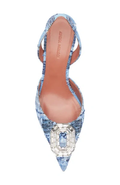 Amina Muaddi Camelia Crystal Buckle Pointed Toe Slingback Pump In Tweed Blue White Buckle