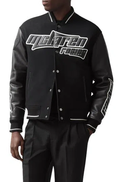 Reiss X Mclaren Circuit Leather Trim Wool Blend Bomber Jacket In Black