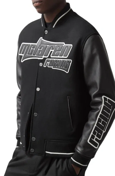 Reiss X Mclaren Circuit Leather Trim Wool Blend Bomber Jacket In Black