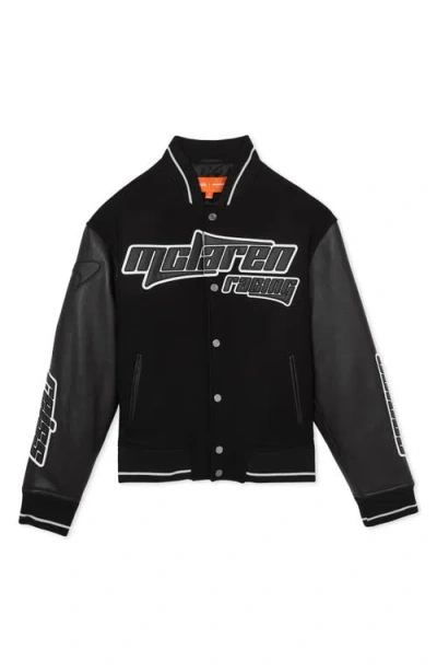 Reiss X Mclaren Circuit Leather Trim Wool Blend Bomber Jacket In Black