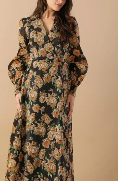 Flying Tomato Floral Print Long Sleeve Midi Wrap Dress In Multi