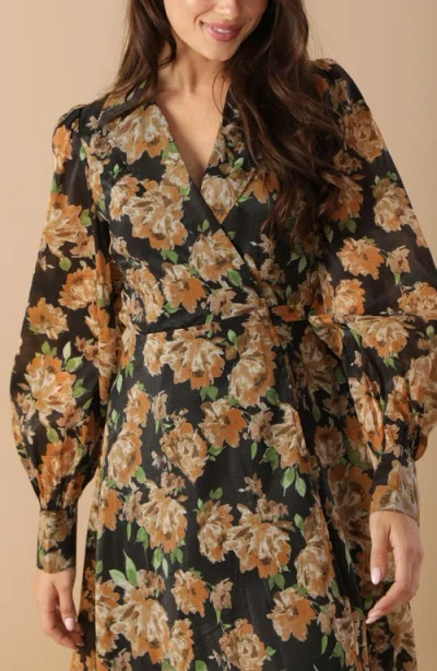 Flying Tomato Floral Print Long Sleeve Midi Wrap Dress In Multi