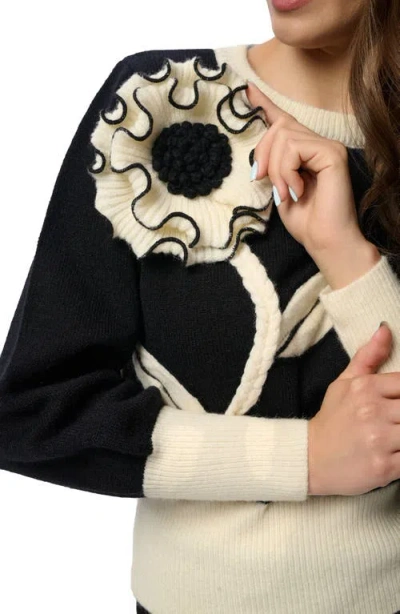 Saachi Ruffled Bloom Pullover Sweater In Black