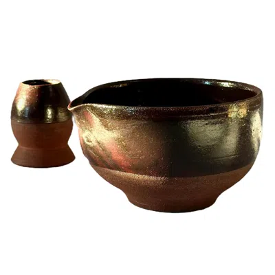 Clay And Limes Red Matcha Bowl And Chasen Stand In Brown
