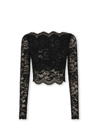 Rabanne Fitted Cropped Lace Top With Long Sleeves In Black