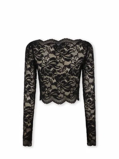 Rabanne Fitted Cropped Lace Top With Long Sleeves In Black