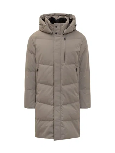 Duno Grey Long Down Jacket With Hood In Gray