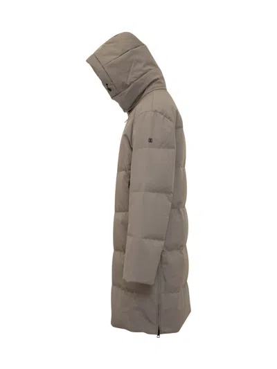 Duno Grey Long Down Jacket With Hood In Gray