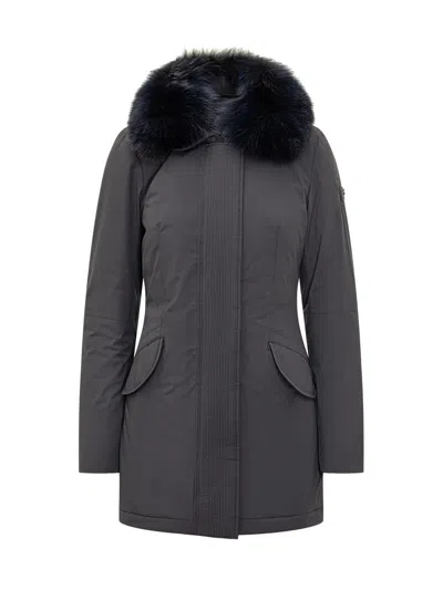 Peuterey Black Parka With Blue Fur In Blue