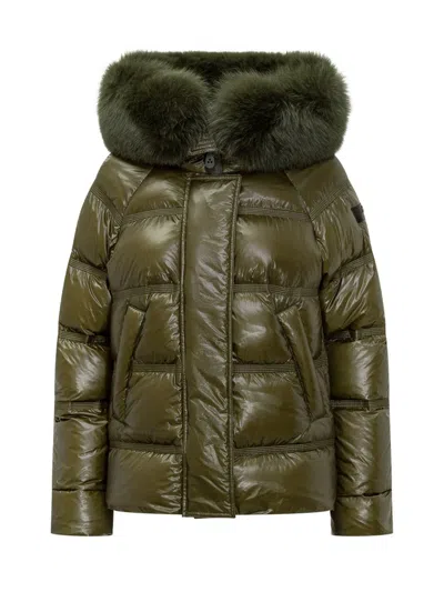 Peuterey Green Down Jacket With Fur Hood In Green