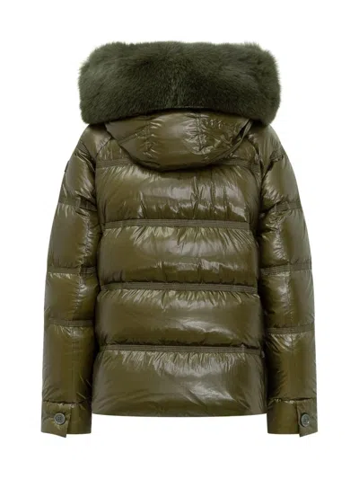 Peuterey Green Down Jacket With Fur Hood In Green