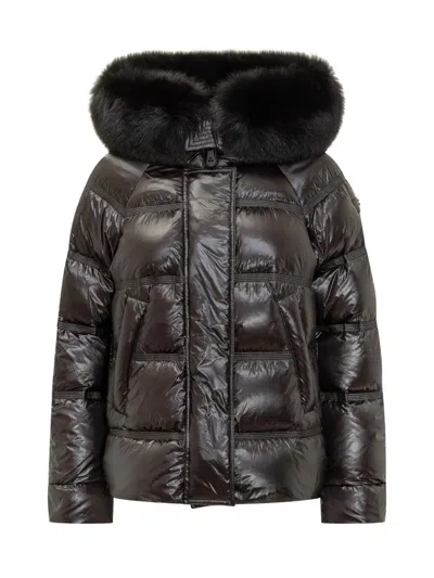 Peuterey Short Glossy Down Jacket With Fur Hood In Black