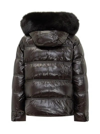 Peuterey Short Glossy Down Jacket With Fur Hood In Black