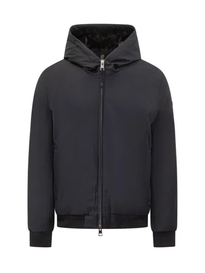 Duno Black Hooded Jacket In Technical Fabric In Blue