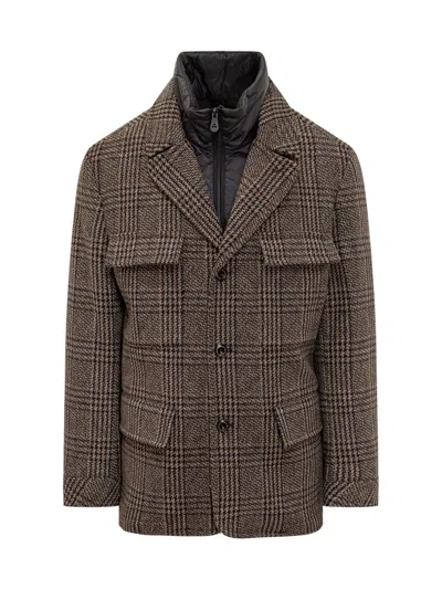 Peuterey Prince Of Wales Coat With Pockets In Brown