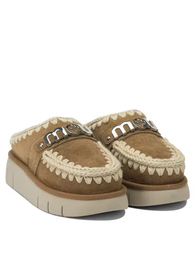 Mou Bounce Brown Mules With Logo Lettering And Open Rear In Suede Woman In Brown