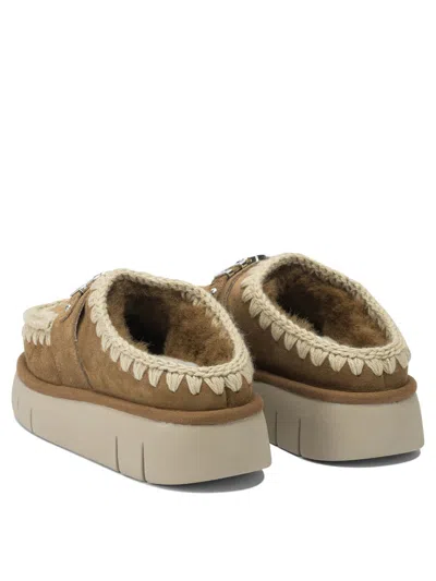 Mou Bounce Brown Mules With Logo Lettering And Open Rear In Suede Woman In Brown