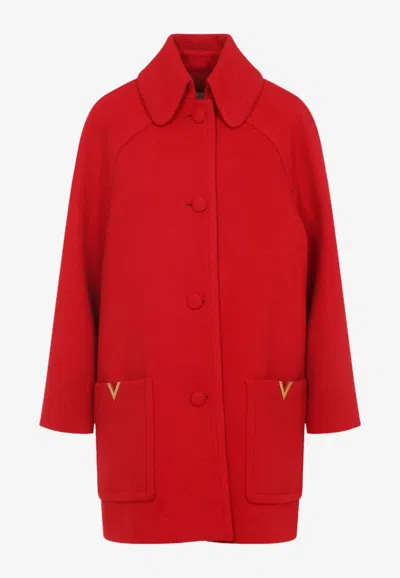 Valentino Wool Coat With Ribbed Collar And Cuffs In Red
