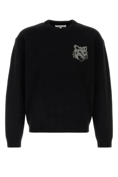 Maison Kitsuné Crew Neck Sweater With Large Fox Embroidery Black In Black