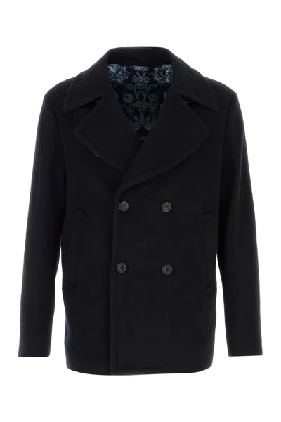 Etro Textured Double-breasted Coat Front Pockets In Blue