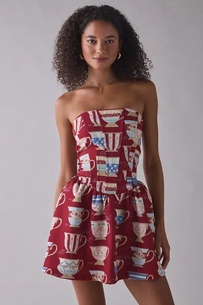 Kimchi Blue Sugar Plum Strapless Corset Mini Dress In Tea Cups, Women's At Urban Outfitters In Red