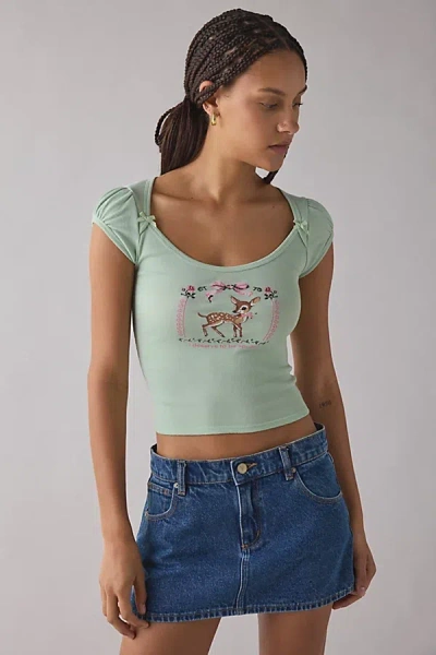 Kimchi Blue Ramona Coquette Graphic Puff Sleeve Baby Tee In Green, Women's At Urban Outfitters In Green