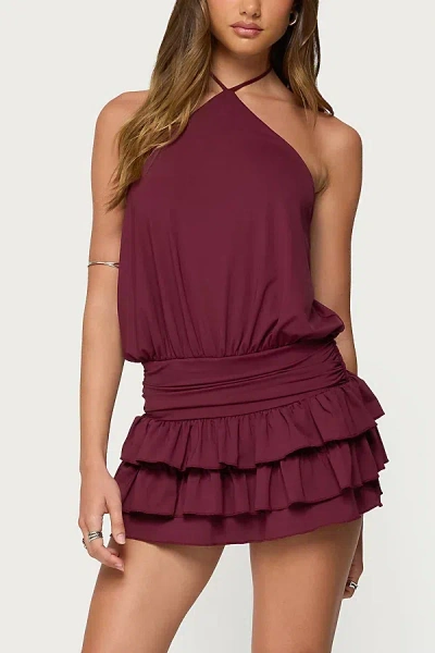 Edikted Fontella Layered Ruffle Halter Minidress In Burgundy