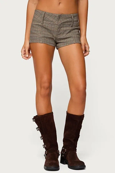 Edikted Ayvey Plaid Tailored Micro Shorts In Brown