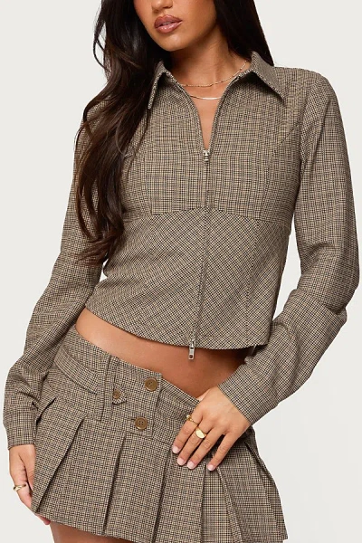 Edikted Lockette Plaid Crop Jacket In Brown