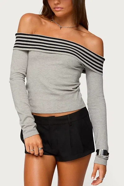 Edikted Leetal Stripe Foldover Off The Shoulder Long Sleeve Top In Gray