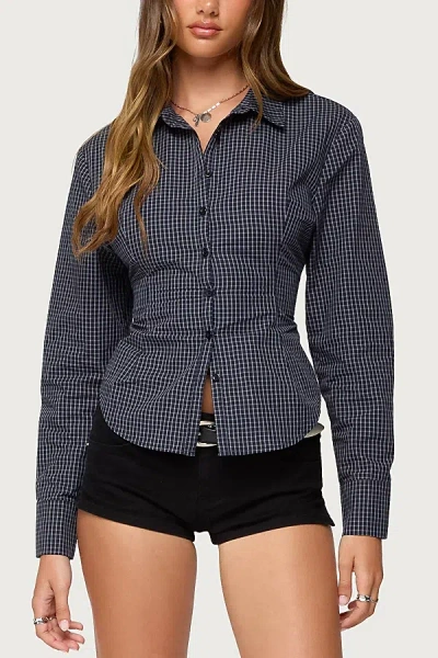 Edikted Lisbet Check Button-up Lace-up Shirt In Blue