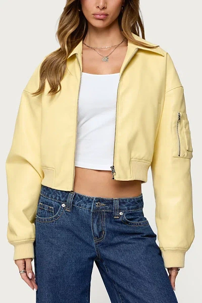 Edikted Zayna Cropped Faux Leather Bomber Jacket In Yellow