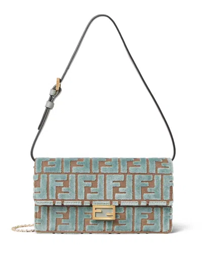 Fendi Women Baguette Wallet On Chain Ff Jacquard Fabric Shoulder Bag In Green