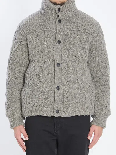 Moncler Cable Knit High Collar Cardigan In Gray