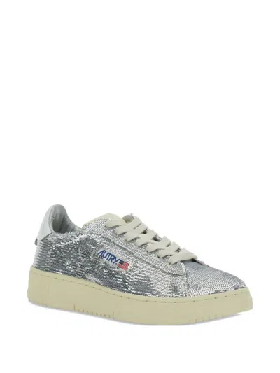 Autry Dallas Low Sparkling Sneakers In Silver And White Sequins Shoes In Silver