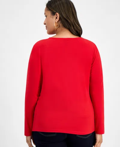 Inc International Concepts Plus Size Asymmetric-neck Long-sleeve Top, Macy's Exclusive In Red