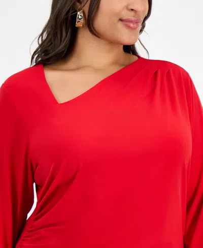 Inc International Concepts Plus Size Asymmetric-neck Long-sleeve Top, Macy's Exclusive In Red