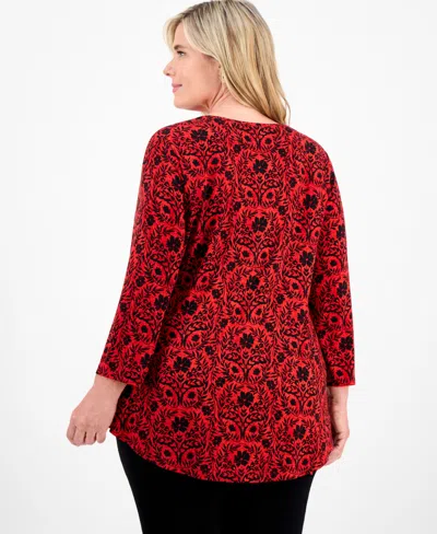 Jm Collection Plus Size Printed 3/4-sleeve Top, Macy's Exclusive In Red