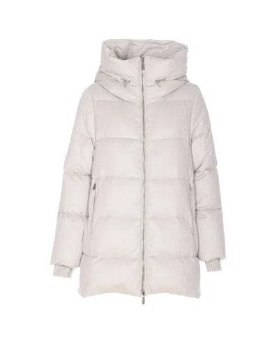 Moorer Hooded Quilted Jacket Zip Pockets In Silver