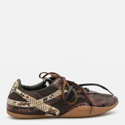 Miu Miu Gymnasium Technical Fabric And Python-print Ayers Leather Sneakers In Brown