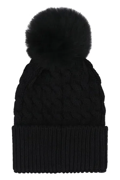 Moncler Wool Hat Featuring Cable Knit And Pom Detail In Black