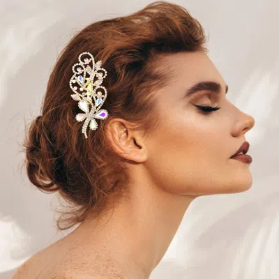 Fashnzfab Teardrop Stone Accented Rhinestone Paved Flower Pointed Hair Comb In Gold