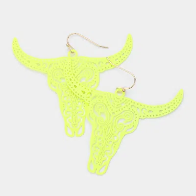 Fashnzfab Brass Metal Cutout Steer Head Dangle Earrings - Neon, Yellow In Green