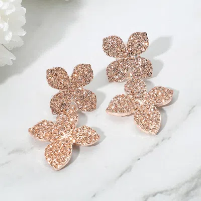 Fashnzfab Rhinestone Paved Double Flower Link Drop Evening Earrings - Peach, Rose Gold In Gold
