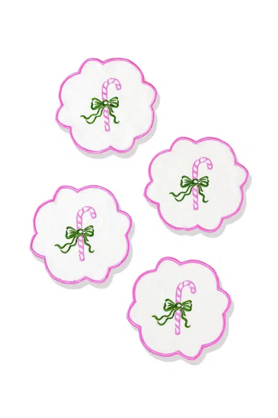 Tiramisu Set Of 4 Candy Cane Charm Embroidered Cocktail Napkins In Pink