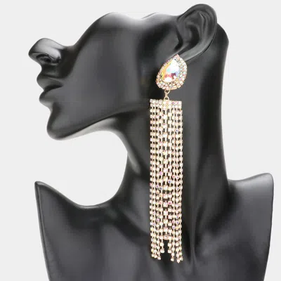 Fashnzfab Teardrop Accented Rhinestone Fringe Dangle Evening Earrings - Ab, Gold In Metallic
